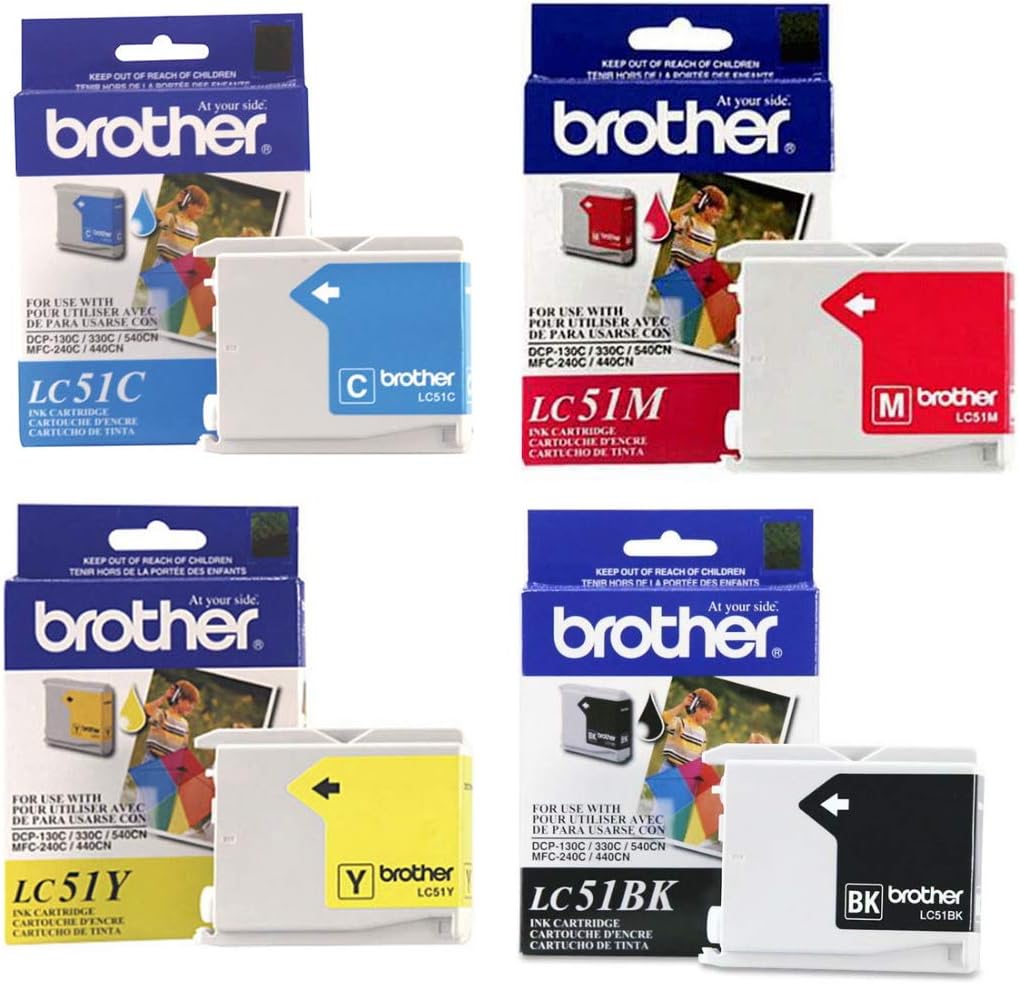 Brother Genuine 4-Color LC51 Cyan Magenta Yellow and Black Ink Cartridge Set, LC51BK, LC51C, LC51M, LC51Y