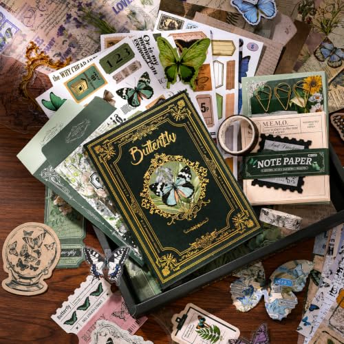Image of RANDEN journaling kit Aesthetic Stuff Vintage Journal Kit Supplies - 346PCS Scrapbook Stickers & DIY Craft Set for Bullet Journals, Planners, Albums & Notebooks (Green Butterfly)