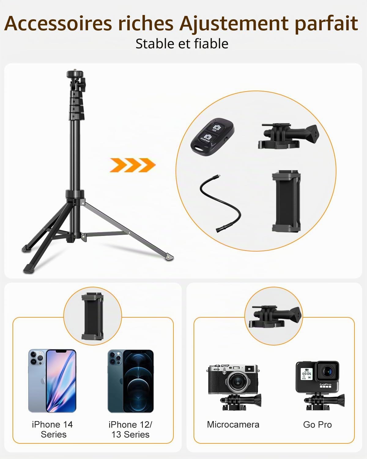 Aureday Trépied portable 223 cm, tuyau flexible 38 cm, rotation 360°, télécommande Bluetooth, compatible iPhone, Android et appareils photo