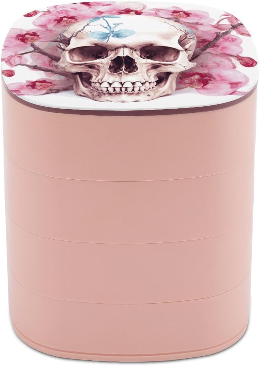 Human Skull Pink Flowers Jewelry Organizer with Mirror, 4-Layer Rotating Jewelry Box for Ring Earring Necklaces Bracelets Hair Accessories, Gift for Women