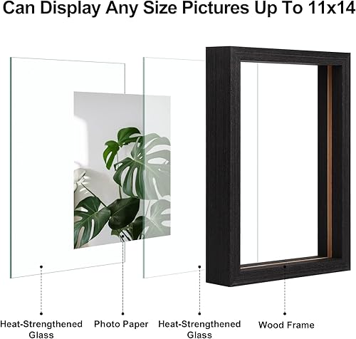 Miniatura 6 de Egofine Juego de 2 marcos flotantes de 11 x 14 pulgadas, marco de fotos de doble cristal, hecho de madera maciza, fotos de cualquier tamaño de hasta