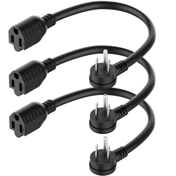 短款黑色电源延长线，低调三插插头，安全接地，适用于室内/室外，3件装