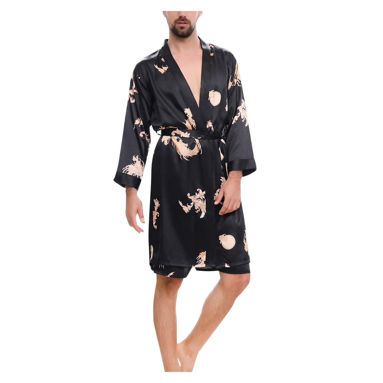 Generic Albornoz para hombre, ligero, fino, bata de satén de verano, bata corta para sauna, kimono japonés, bata de manga larga, bata de dormir, camisón de satén, bata de casa, regalos para hombres