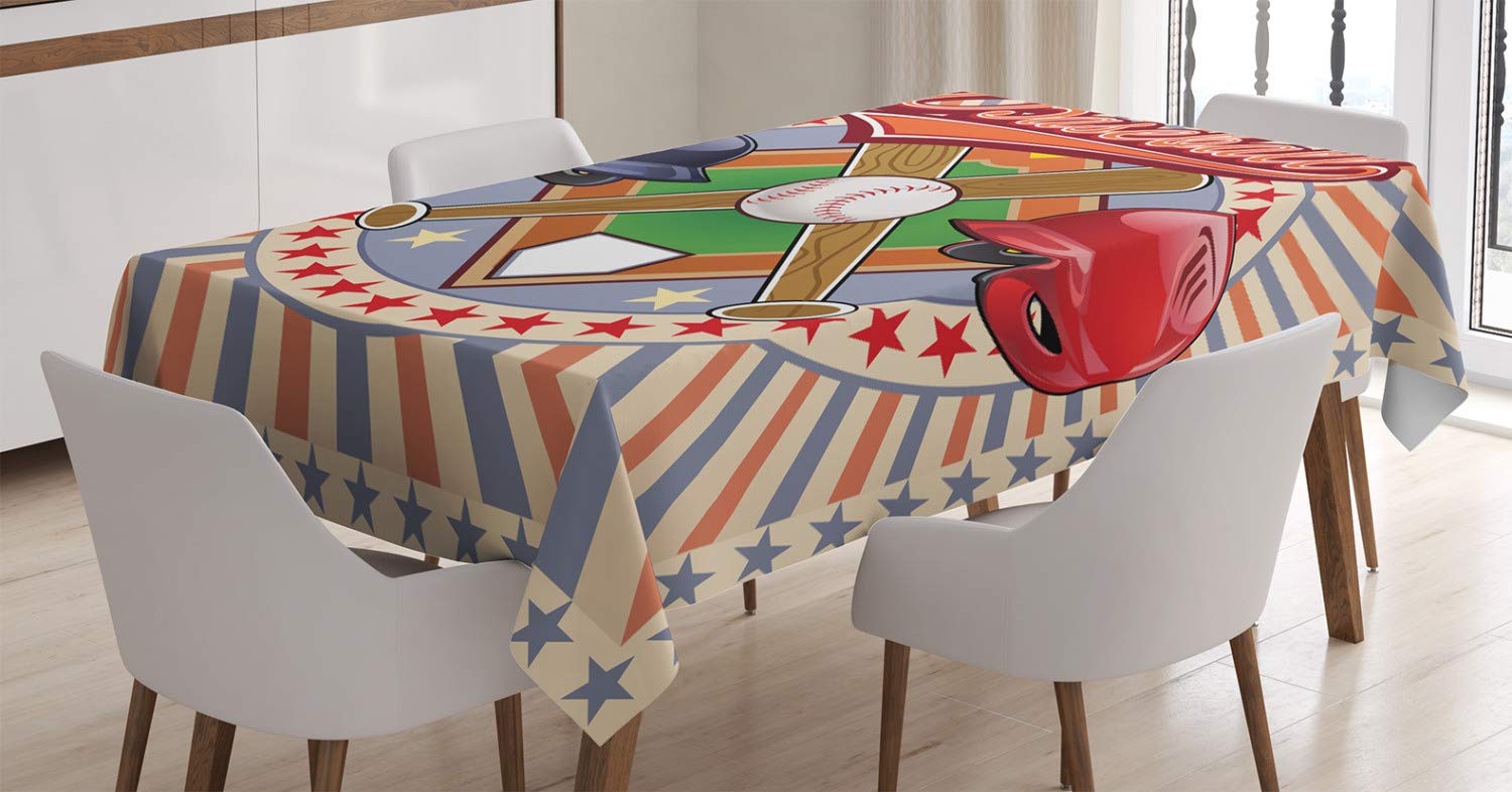 ABAKUHAUS Baseball Tovaglia, Retro Pop Art Baseball, Rettangolare per Sala da Pranzo e Cucina, 140 cm x 200 cm, Multicolore