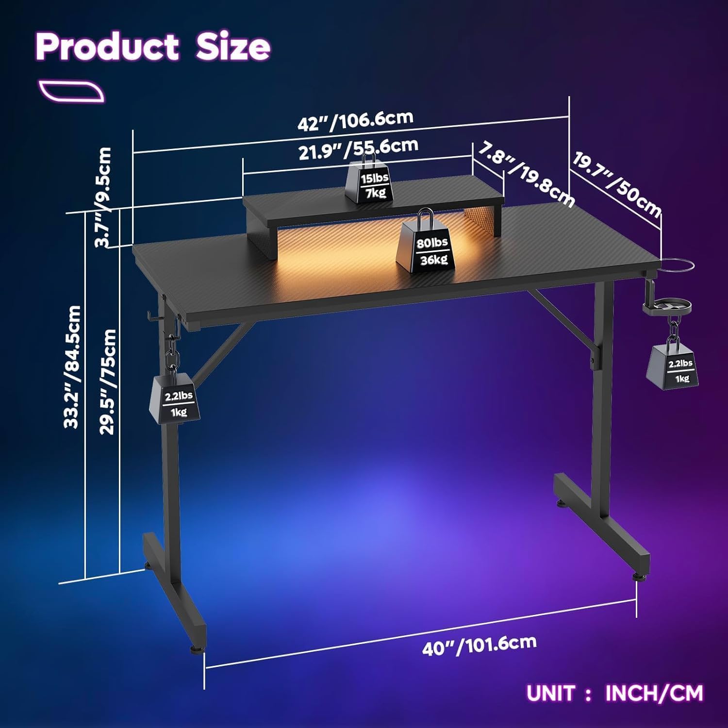 Bestier Scrivania da Gioco LED per PC con Supporto per Monitor, Tavolo Stabile per Computer con Portabicchieri e Gancio per Cuffie, 106 cm (Nero)