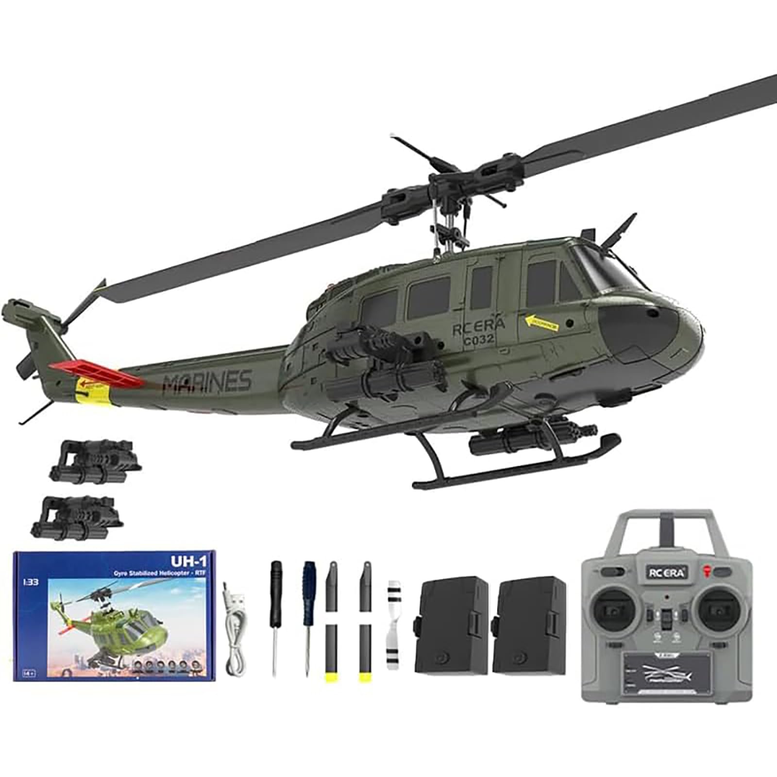 C032 Śmigłowiec UH-1 RC dla dorosłych, bezszczotkowy helikopter RC w skali 1/48 2.4G 6CH, 6-osiowy żyroskopowy model samolotu z optycznym pozycjonowaniem przepływu,2 Battery