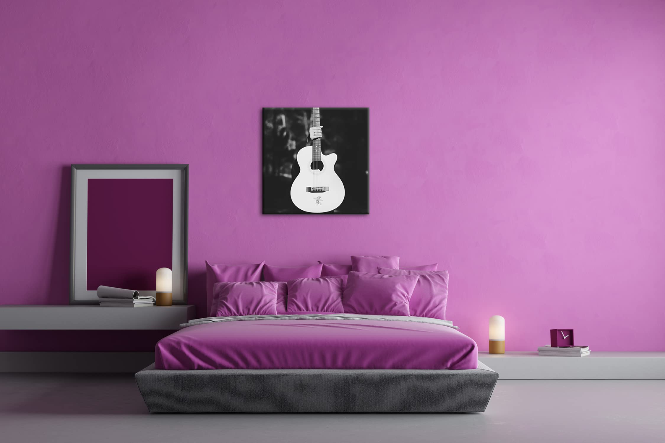 deyoli Chitarra acustica bianca Formato: 70 x 70 cm Effetto: bianco e nero su tela, motivo già incorniciato su telaio in vero legno, stampa digitale di alta qualità con cornice