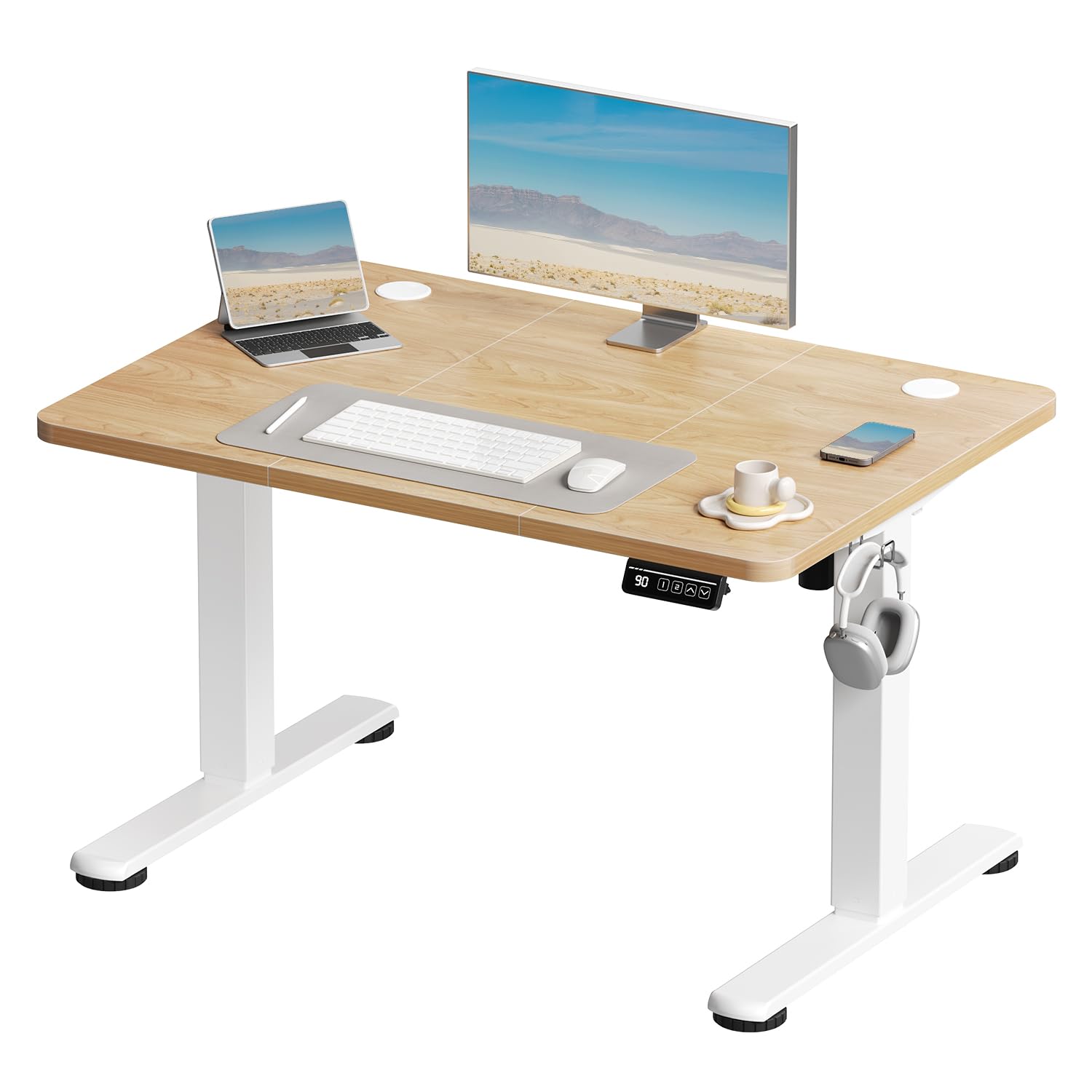 Devoko Electric Standing Desk 100x60cm Sit Stand Table Height Adjustable Desk with Backpack Hook and Memory Smart Pannel, Home Office Table with Splice Board, Beige