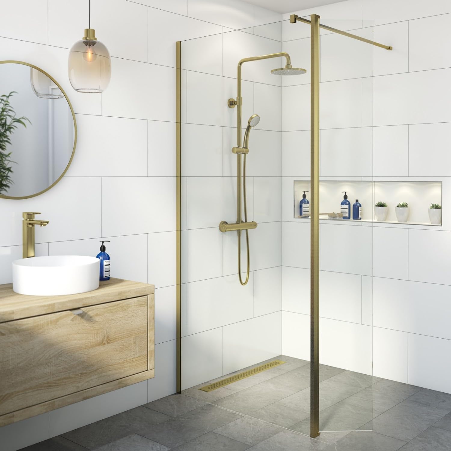 Baystone Brushed Brass Baystone® 800Mm Wet Room Shower Screen Panel 8Mm Toughened Safety Easy Clean Glass Walk In Shower Enclosure + Hinged Return Panel, Frameless,