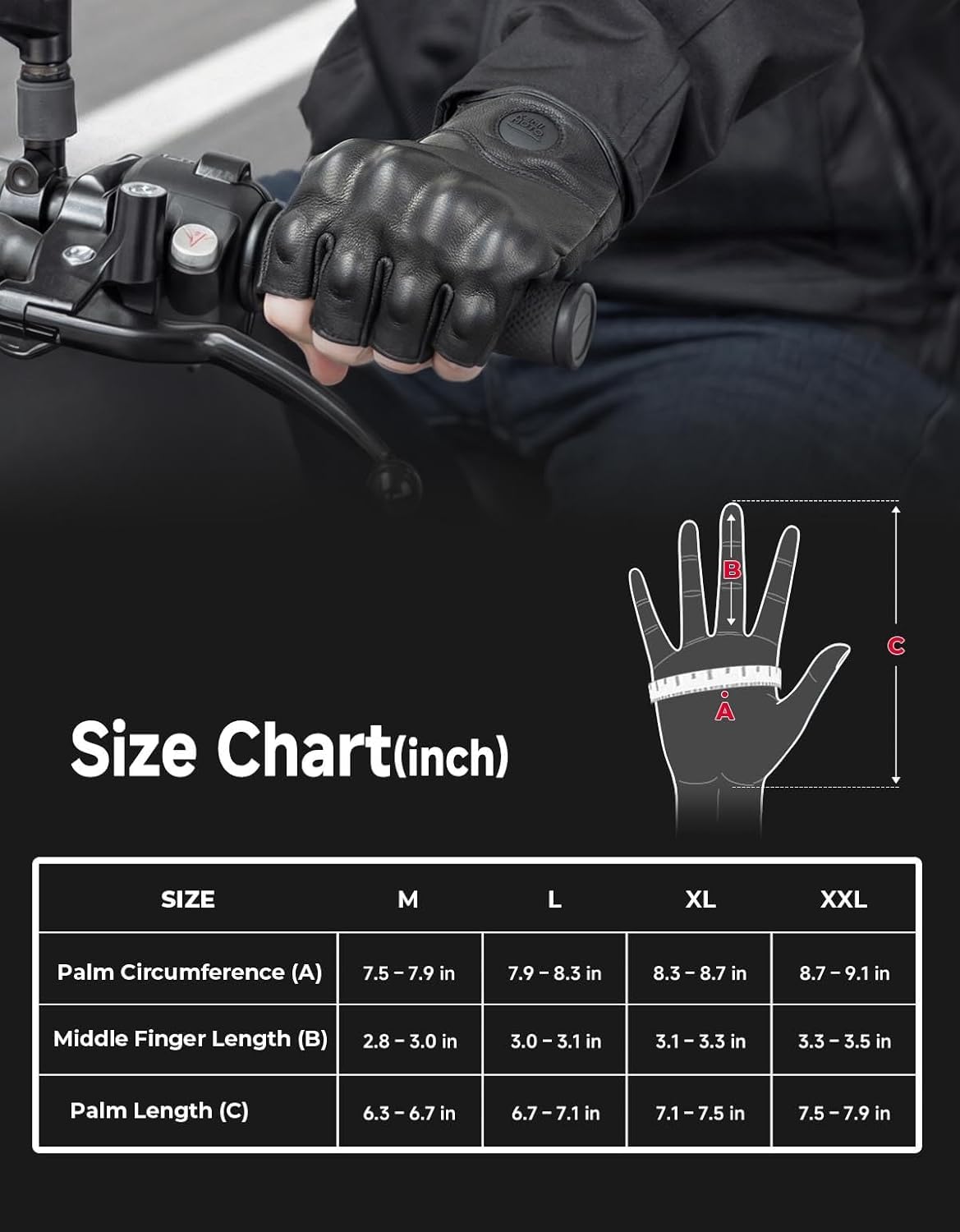 KEMIMOTO Guanti Moto a Dita Corte Uomo, Guanti Moto Estivi in Pelle Antiscivolo con Design a Cuciture Esterne, Adatti per Motociclo, Scooter, Ciclomotori, Quad, ATV
