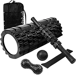 Kit Liberação Miofascial 6 em 1 com Rolo Massageador, Bastão, Bola Dupla, Bola Lisa, Faixa Elástica e Bolsa de Transporte – Ideal para Yoga, Pilates, Alongamento e Fisioterapia – Cor Preta