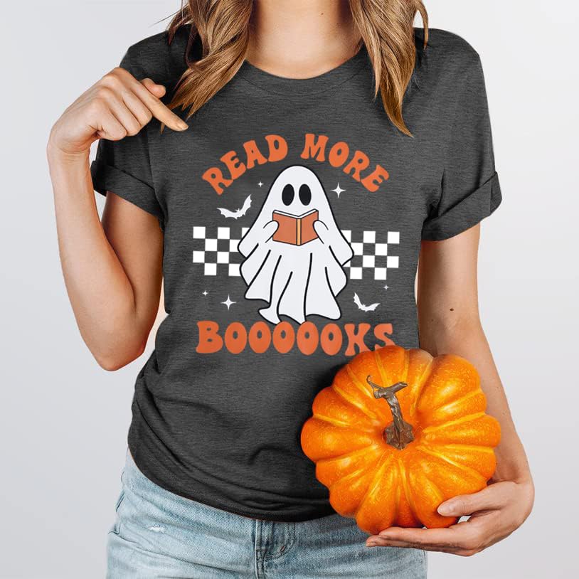 Halloween Teacher Shirts for Women Groovy Read More Books Ghost T-Shirt Short Sleeve Halloween Party Tee Tops3