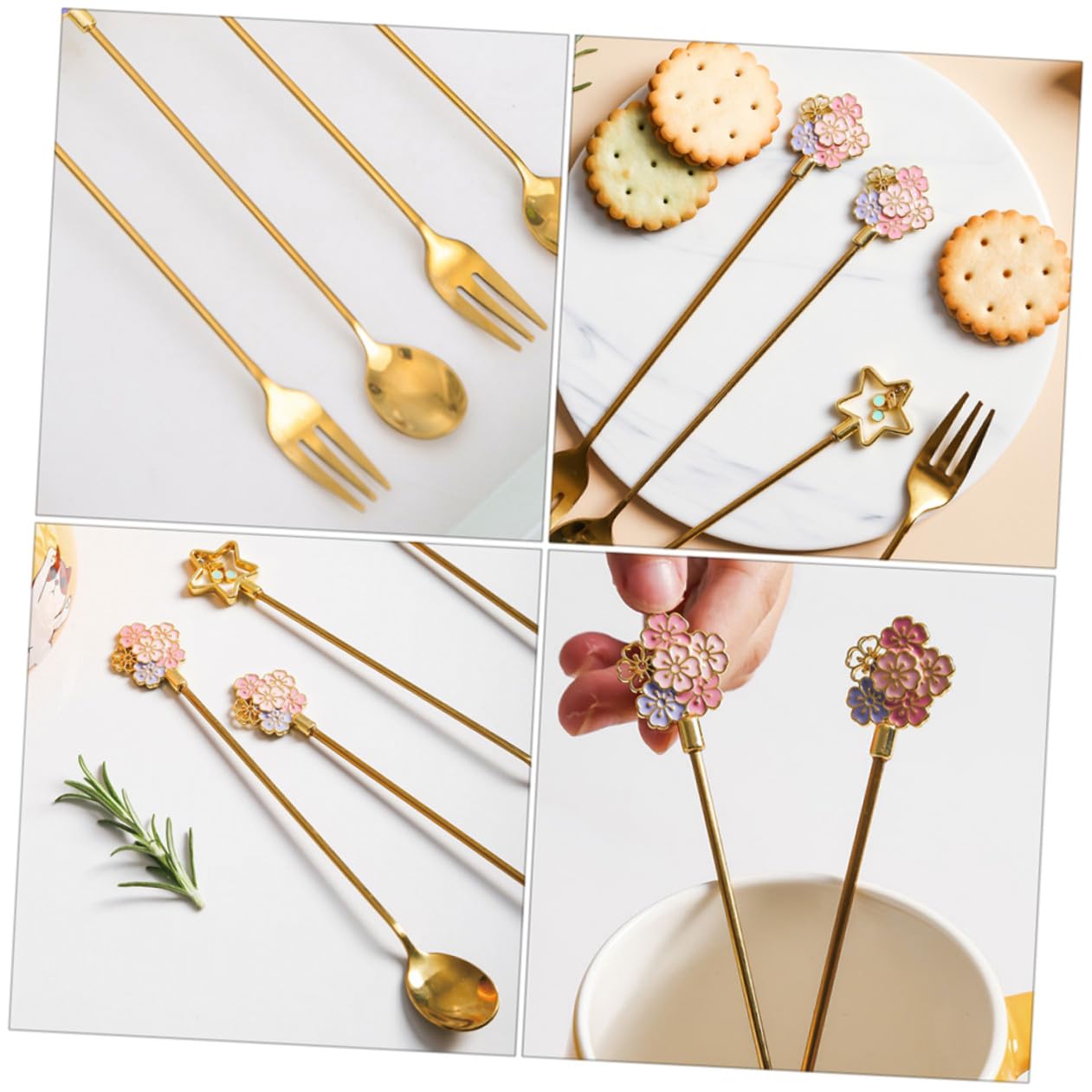 SHOWERORO 8 Piezas Cuchara De Flor De Cerezo Cucharas De Cafe Mini Tenedores Cuchara De Café Japonesa Cuchara Bistró Cucharas Para Cocteles Cuchara De Mesa Acero Inoxidable Golden