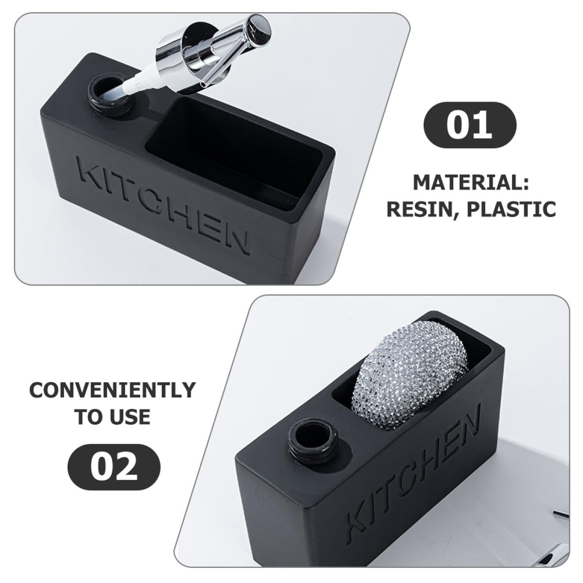 SHINEOFI Dispenser Sapone Cucina Nero in Resina e Plastico con Porta Spugna Integrato, Erogatore Liquido Facile da Ricaricare con Presa Antiscivolo per Uso Quotidiano