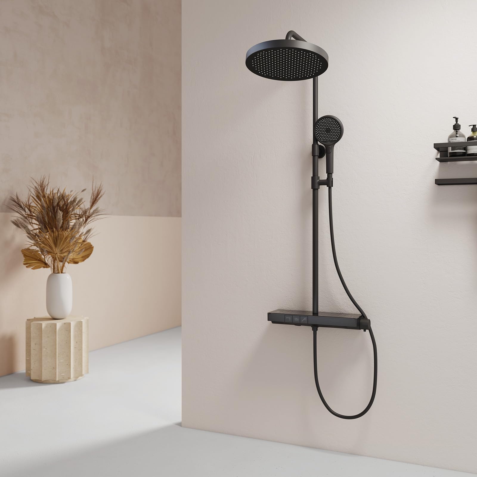EMKE® Sistema de ducha con termostato, 40 cm, estante de cristal, sistema de ducha de lluvia, ducha de lluvia de gran tamaño, ducha de mano, 3 tipos de chorro, boquilla inferior, fácil instalación,