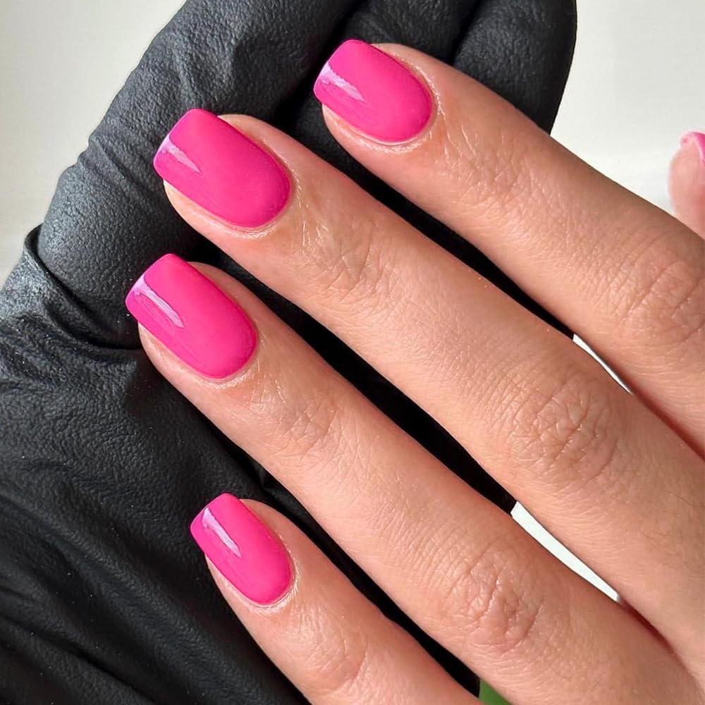MouyouGlow Press on Nails Kurz,Squoval Light Deep Neon Rosa Einfarbige Glossy Fake Nails Kunstnägel mit Nagelkleber,Rose Pink Color Solid Künstliche Fingernägel …