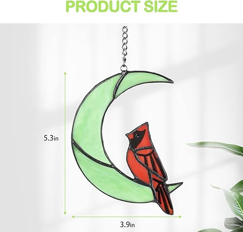 Miniatura 2 de Atrapasuales cardenales de pájaro rojo en la luna para colgar en vitrales hecho a mano para decoración de ventanas decoración de jardín al aire