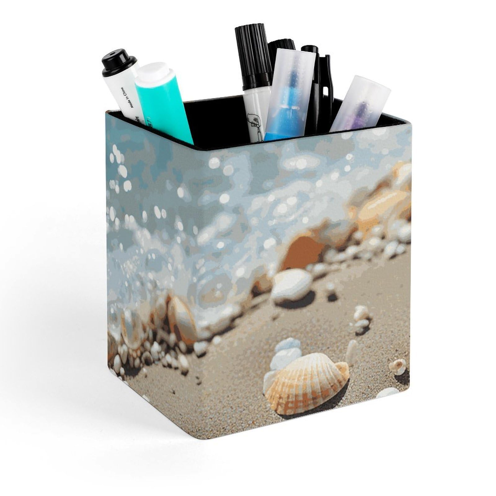 Pot à crayons carré motif coquillages, organisateur de bureau élégant