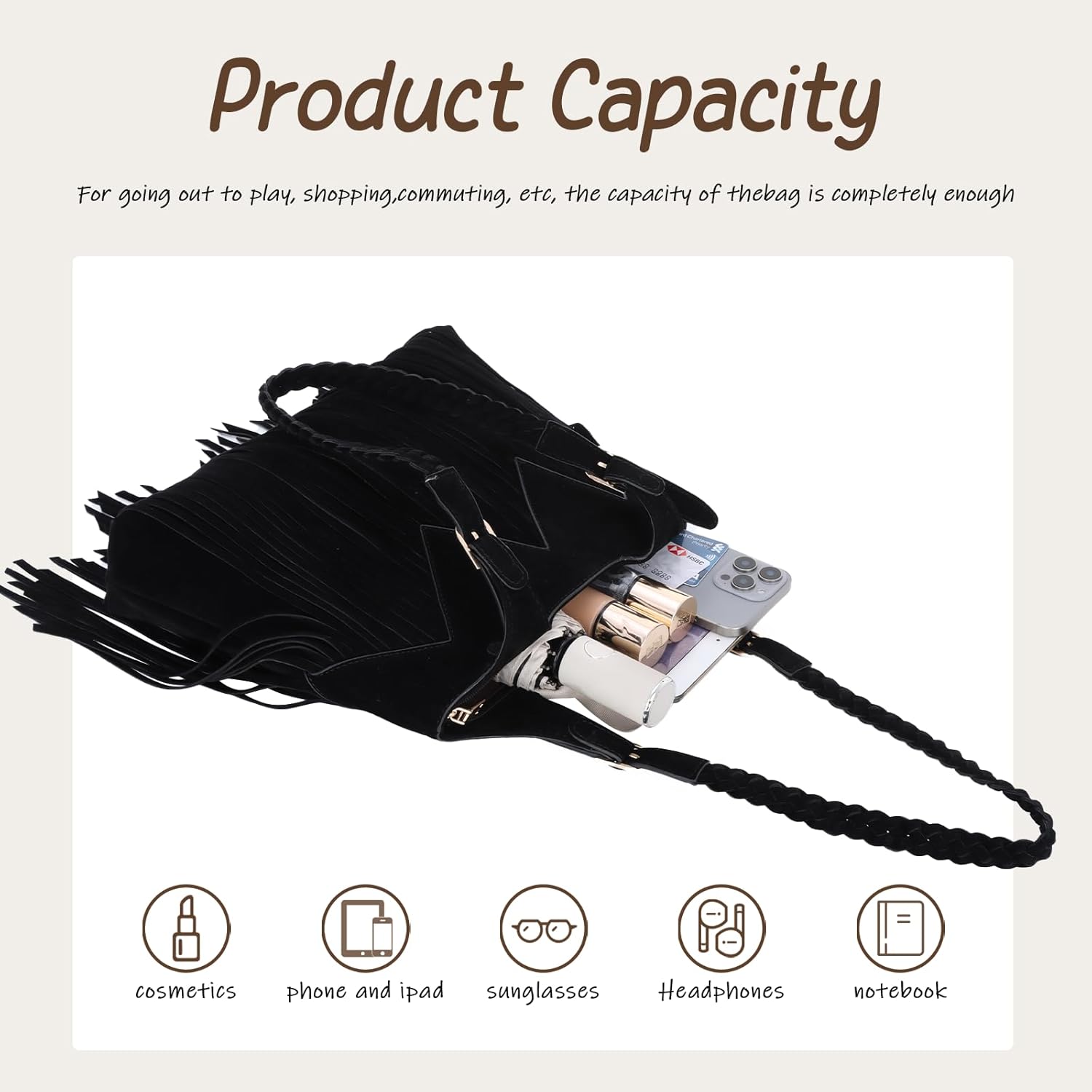 Emprier Fringe Shoulder Bags for Women Western Hobo Purses Vegan Faux Suede Leather Woven Tassel bag - Image 6