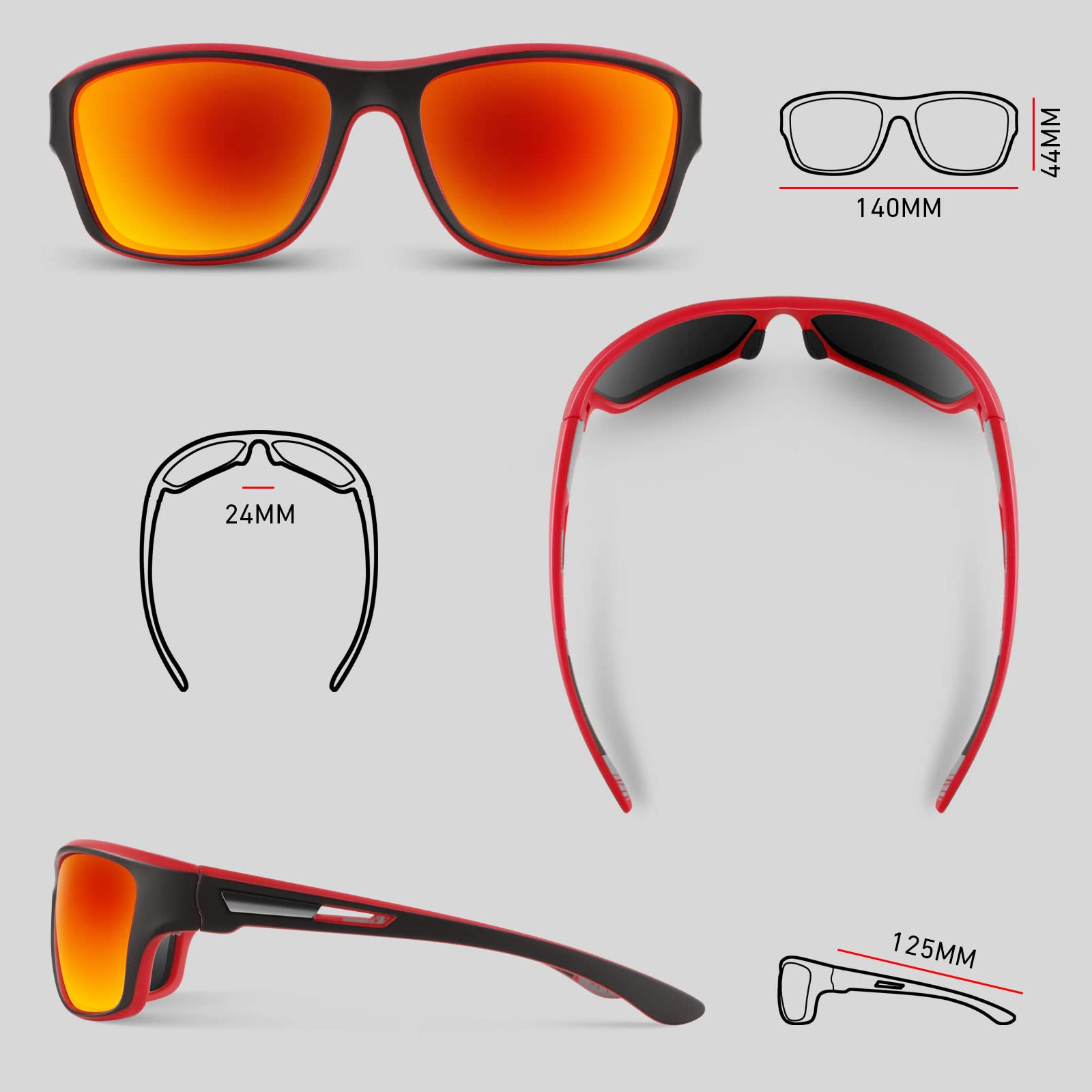 Occhiali da sole sportivi polarizzati per uomo e donna, occhiali rettangolari per pesca e guida, protezione UV400, montatura nera/lenti fumé + montatura rossa nera/lenti a specchio color ambra