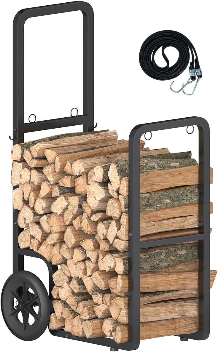 Easy-Assembly Firewood Cart, Rolling Log Carrier for Outdoor & Indoor Use, Wood Rack Storage Mover for Fireplace & Fire Pit, Heavy-Duty Steel Log Dolly Hauler with Rubber Wheels, Black