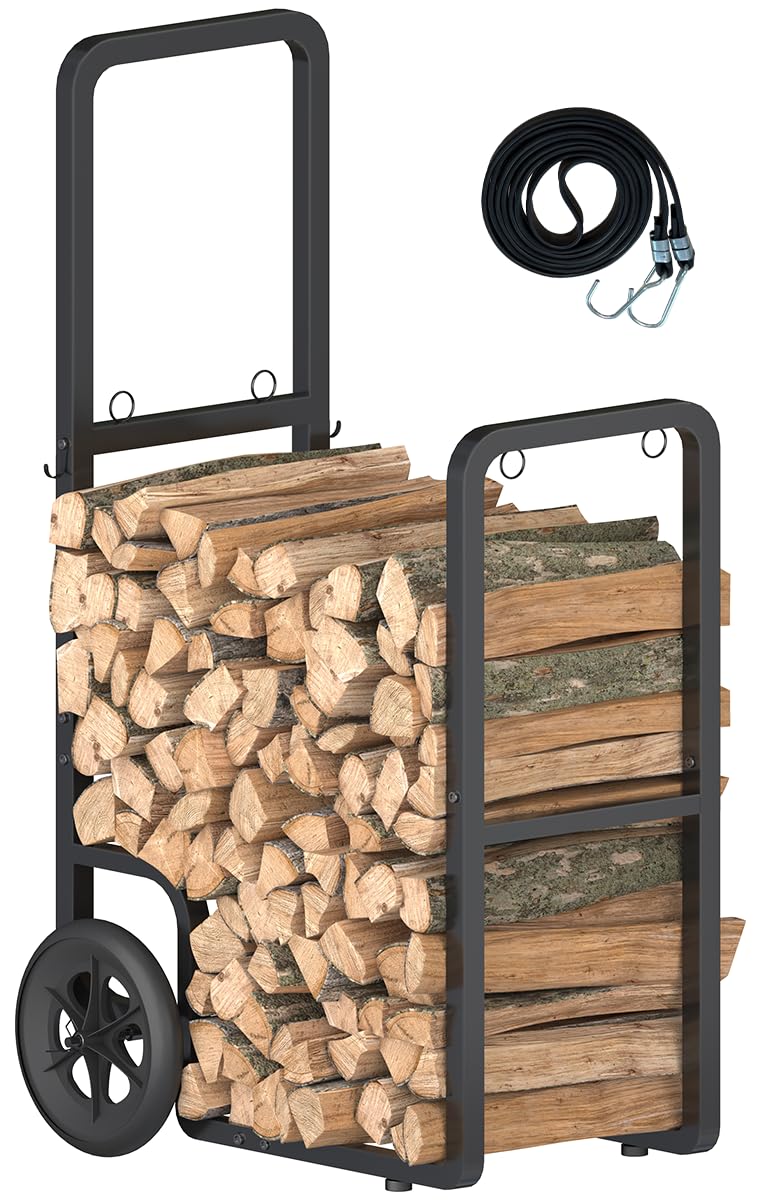 Easy-Assembly Firewood Cart, Rolling Log Carrier for Outdoor & Indoor Use, Wood Rack Storage Mover for Fireplace & Fire Pit, Heavy-Duty Steel Log Dolly Hauler with Rubber Wheels, Black