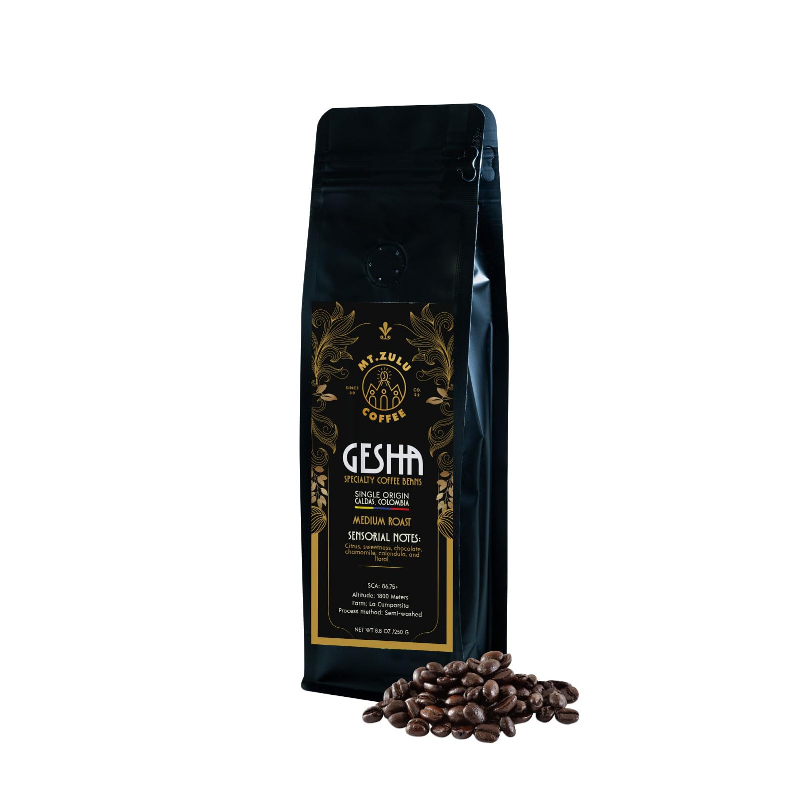 Mt. Zulu Gesha/Geisha Semi-Washed (Honey Process) – Exotic Colombian Specialty Coffee Beans (86.75 SCA), Medium Roast, Chamomile, Calendula &