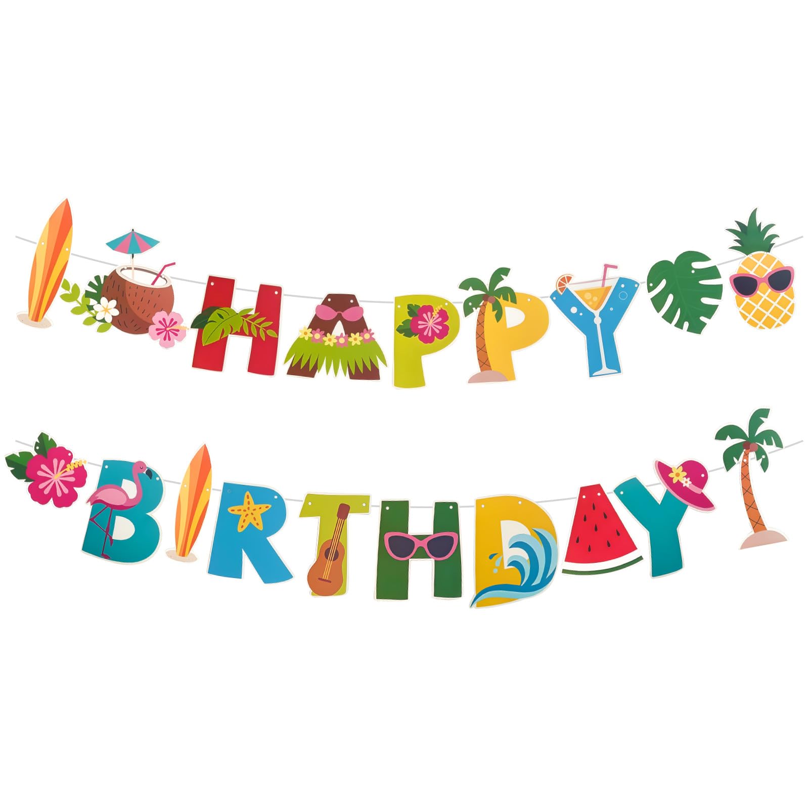 Hawaiian Tropical Happy Birthday Banner Colorful Luau Themed Bunting Garland with Flamingo Pineapple Coconut Tree and Tropical Fruit Patterns for Beach Theme Parties Summer Birthday Celebrations