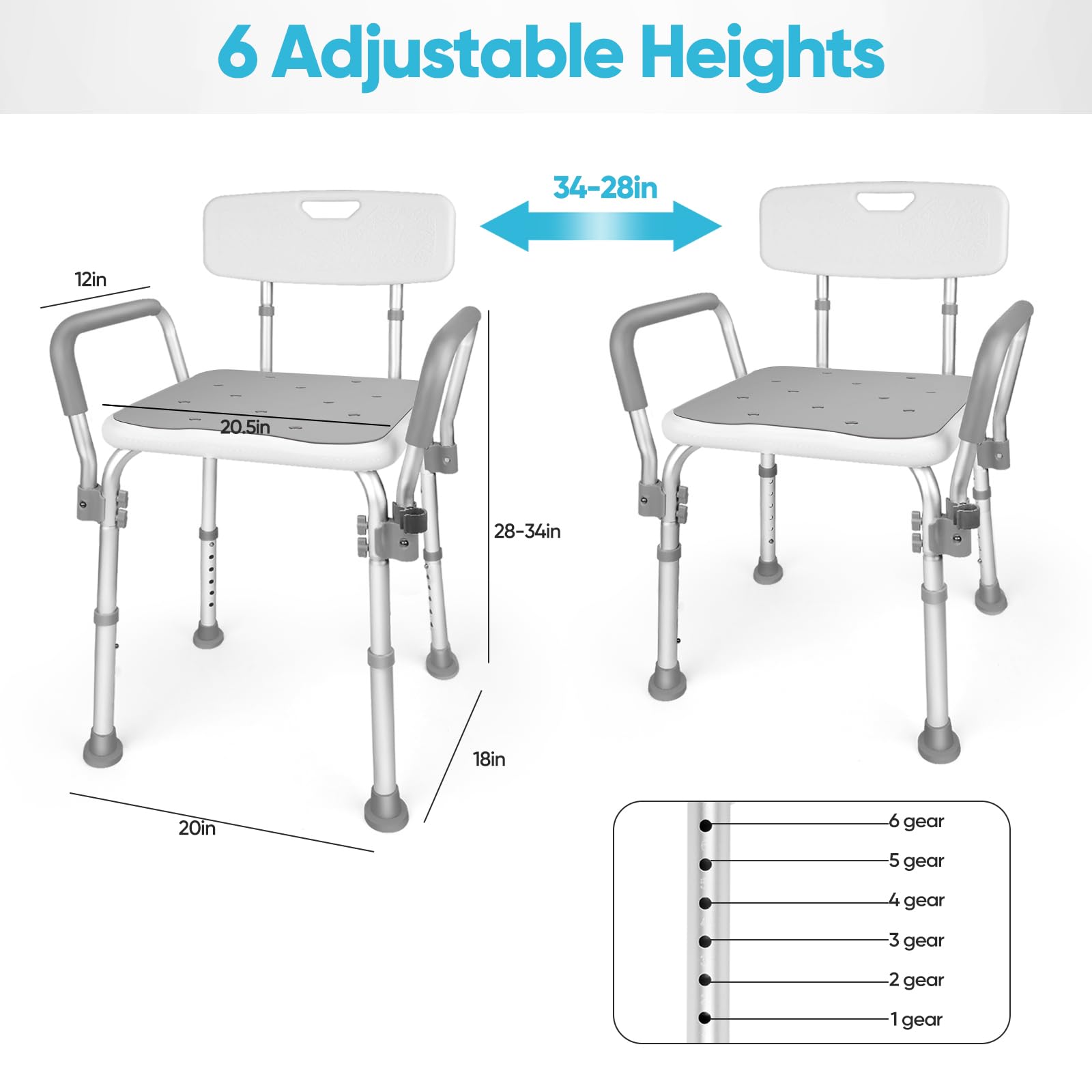 Silla de ducha 2024 con asas acolchadas y silla de ducha resistente, silla de ducha ajustable en 6 niveles de altura para ancianos y discapacitados, silla de ducha antideslizante para bañeras