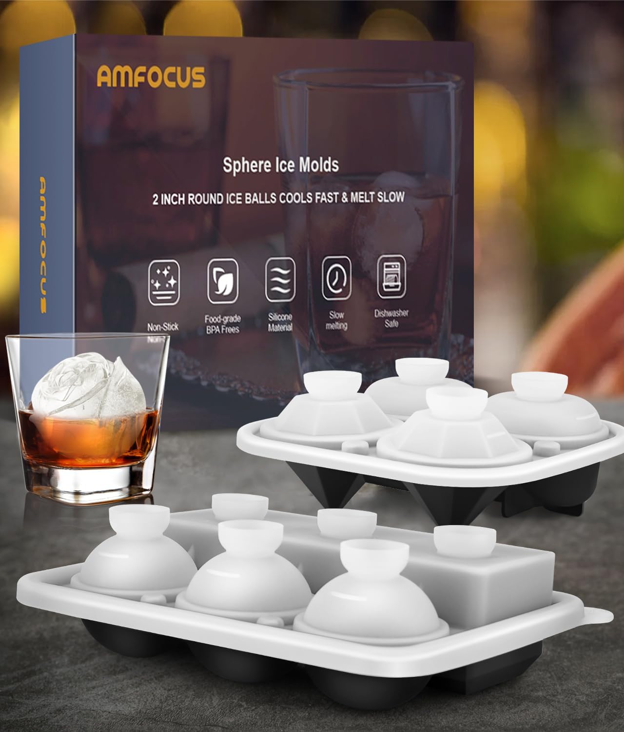 Ice Cube Tray with Lid, Silicone Ice Molds with Round, Square, Diamond, Rose, Large Ice Cube Mold for Whiskey, Bourbon, Cocktails, Easy Release BPA Free, Set of 2 (Pack of 2)