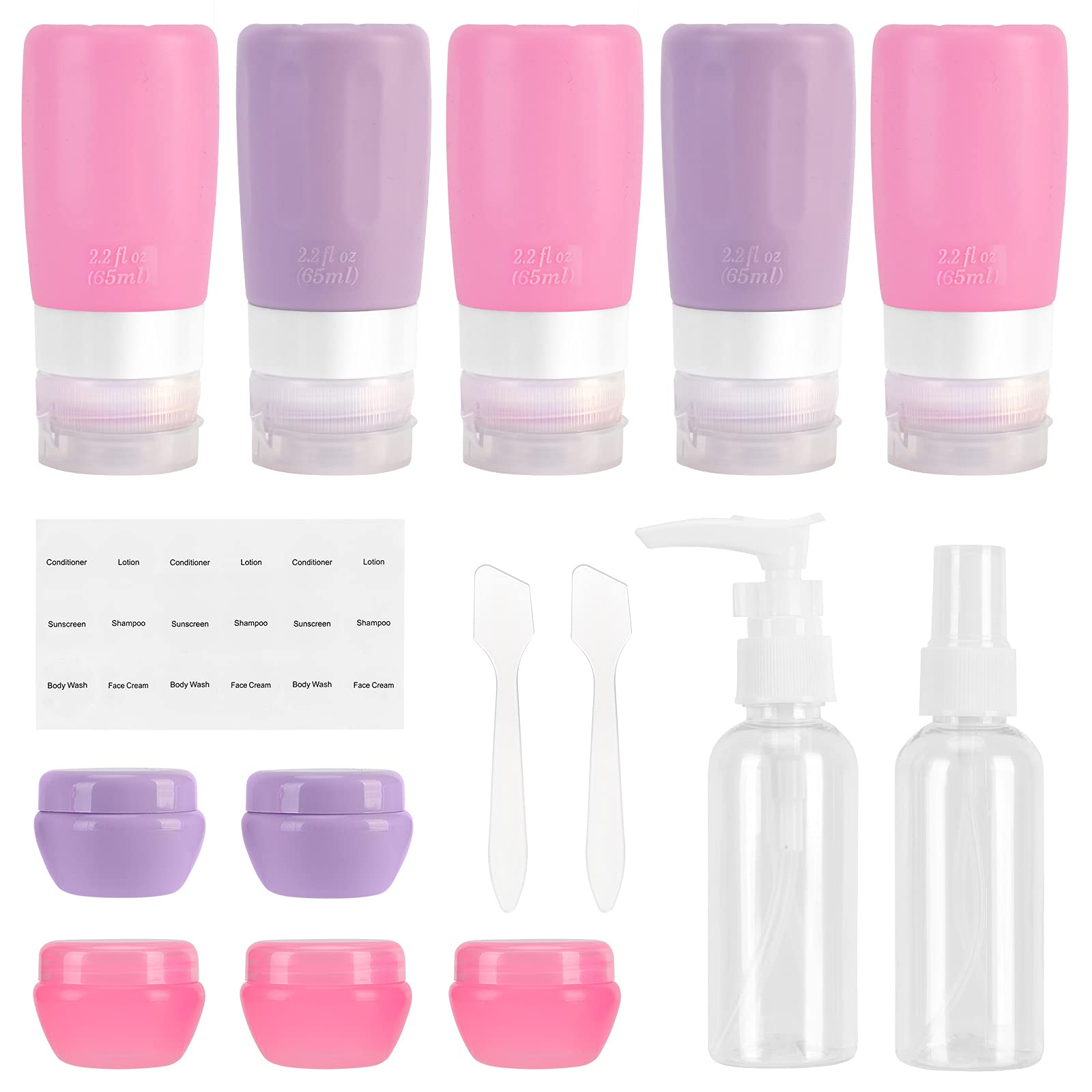 Beveetio Travel Bottles TSA Approved 15 Pack,2.2oz Silicone Refillable Size Containers, BPA Free Travel Tubes Toiletries for Cosmetic Shampoo Cream Conditioner Lotion Soap（2.2 OZ Pink & Purple）