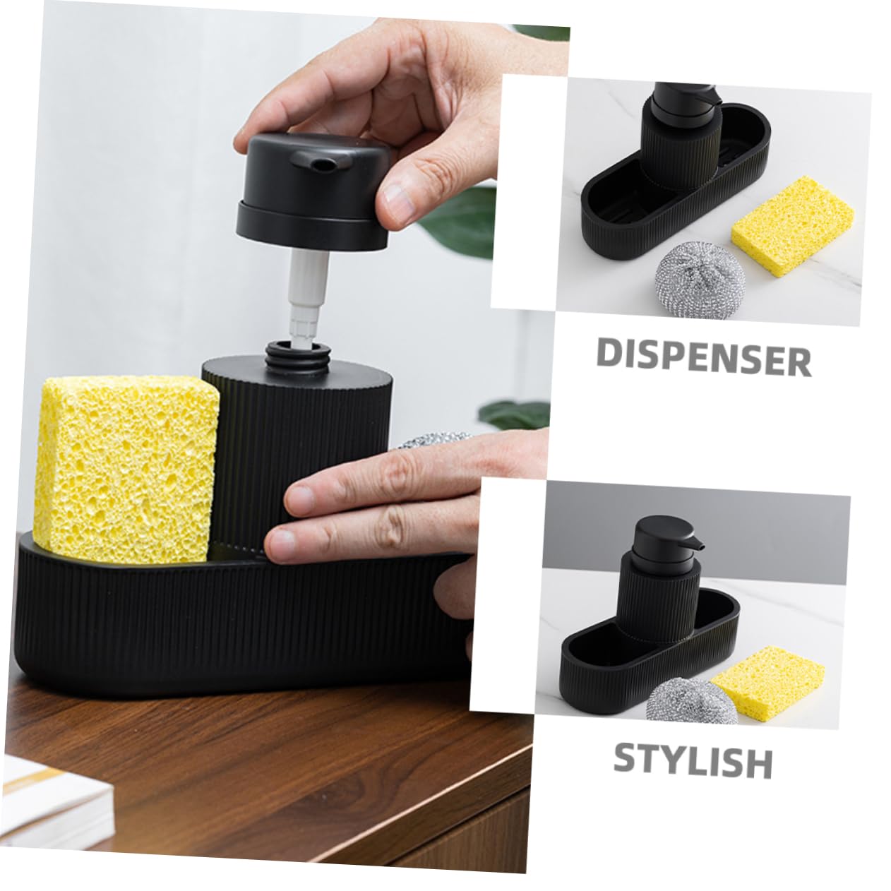 Dispenser per Detersivo Piatti Nero Pompa e Porta Spugna in Resina e Plastico, Design Elegante e Multifunzionale per Lavello Cucina