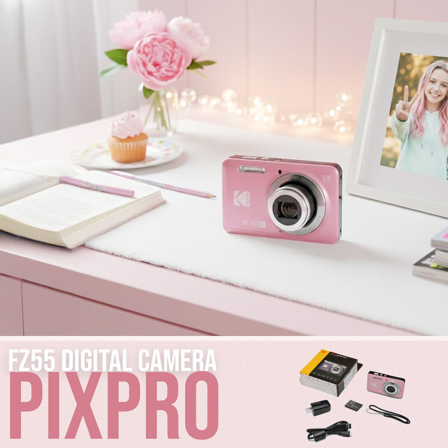 Kodak PixPro - Fotocamera digitale con zoom FZ55, 16 MP, 1080p, Full HD, con zoom ottico 5x, per vlogging (rosa pastello)