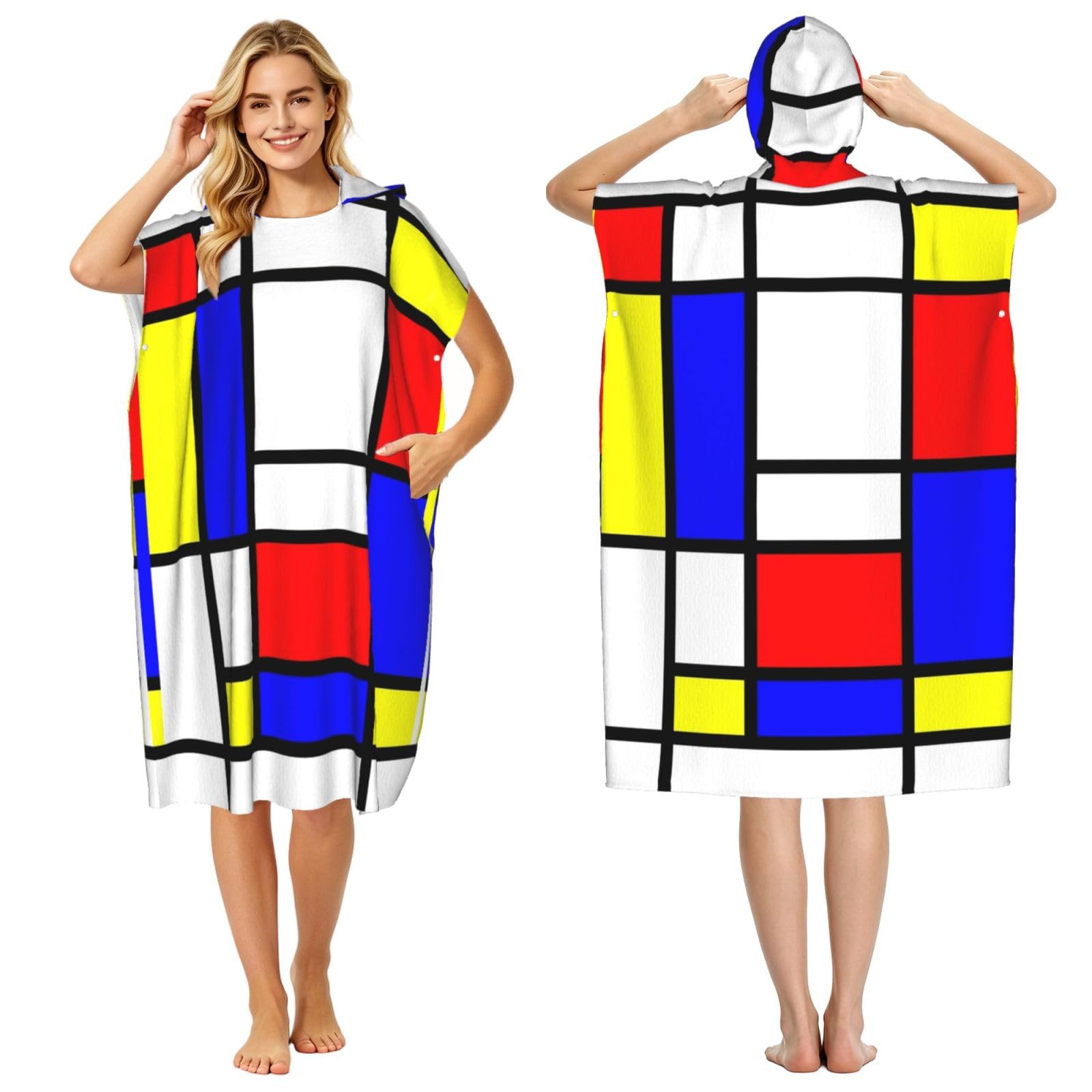 Poadnly Mondrian, Adult Hooded Beach Towel 90 x 110 cm,Changing Bath Robe, Surf Poncho Towel For Women Men