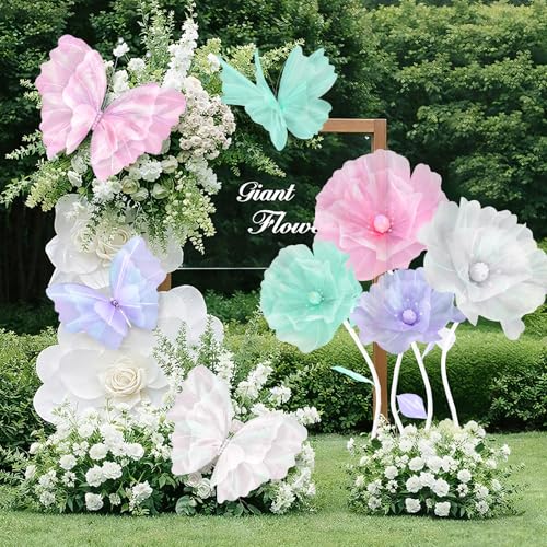 Image of Cinnvoice 8 Pcs Pastel Large Butterfly Flower Decorations 20 Inch 12 Inch 3D Giant Pastel Silk Butterfly Big Flower Mariposas Grandes para Decoracion for Wedding Backdrop Birthday Party