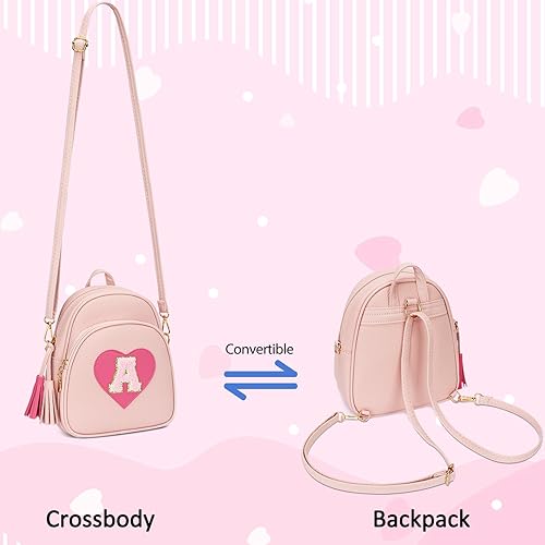 Vista 8 de Mini mochila inicial para niñas, linda mochila pequeña con corazón para niños, con borla, regalos personalizados para adolescentes y mujeres, Rosa, A