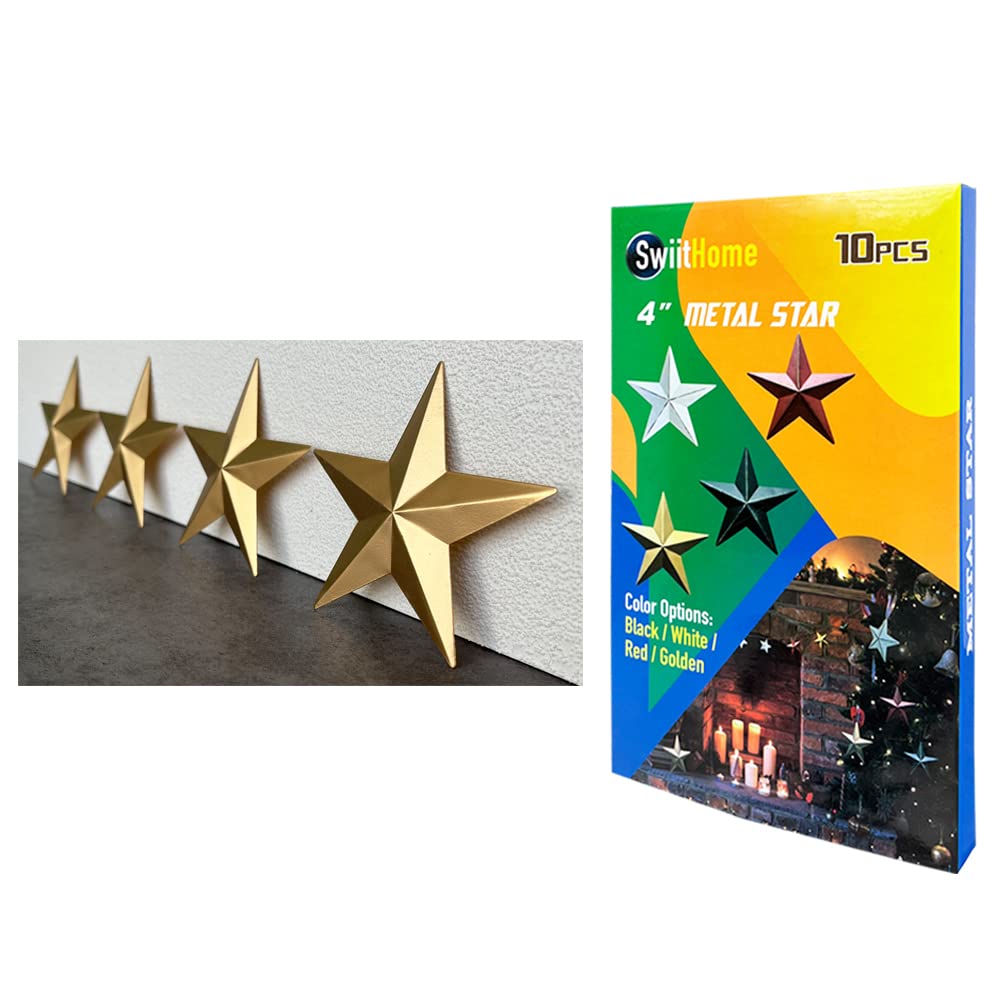 10 Piece 3.8 Inch Metal Star, Barn Star for Home Decoration, Hanging Wall Decor for House, Iron Vintage Wall Arts and Crafts, Christmas Indoor Outdoor Decorations (Golden)