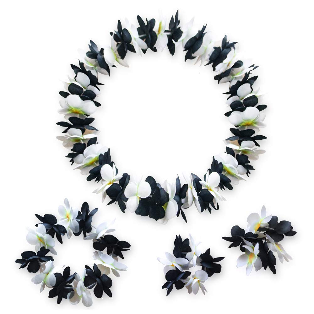 BEBAOVO Hawaiian Leis Set - Hawaiian Luau Flower Leis Headband Necklaces Bracelets for Hawaii Luau Party Favors Decoration (Black/White)