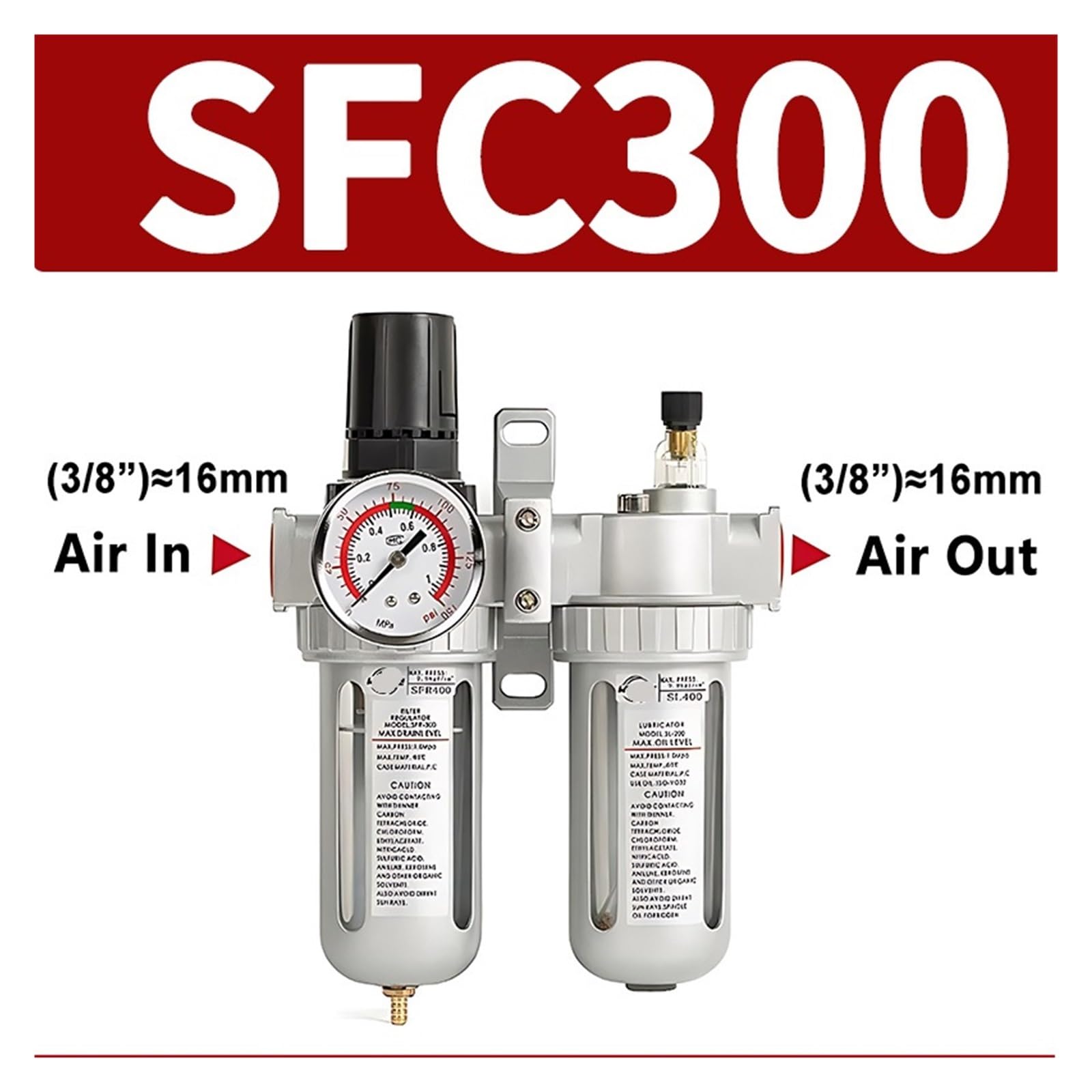 Compresor de Aire SFC200 1/4" SFC300 3/8" SFC400 1/2" Filtro regulador Separador de Aceite y Agua Trampa de Vapor Regulador de presión Accesorios neumáticos(SFC-300)