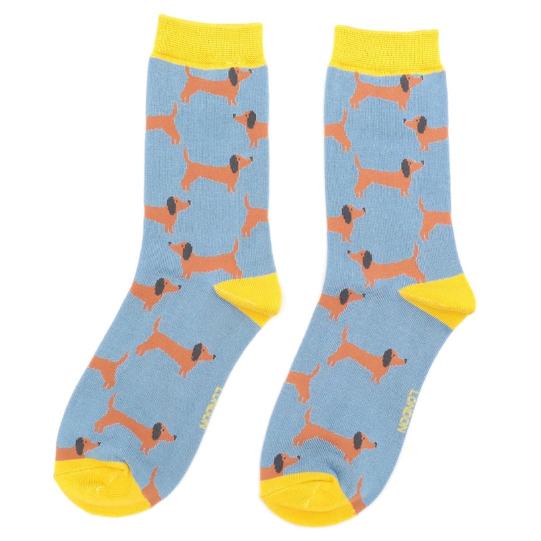 Miss Sparrow Women's Multicoloured Dachshund Sausage Dog Brown On Denim Socks