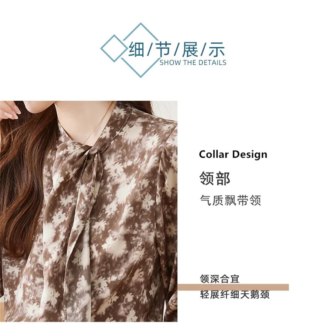 Elegante blusa de gasa estampada de manga larga para mujer, cuello redondo, con cordones