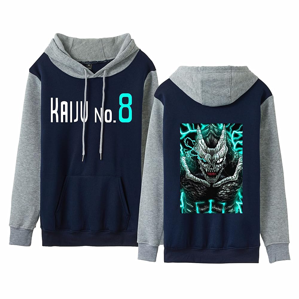 Charous Unisex Blue Anime Kaiju No.8 Splicing Color Cartoon Print Hoodie Sweatshirt For Manga Kaiju No.eight Kafuka Fans Cosplay