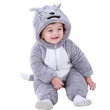 BRANDONN Unisex Baby Flannel Jumpsuit Panda Style Cosplay Clothes Bunting Outfits Snowsuit Hooded Romper Outwear (Grey Scars, 9-12 Months) - image, photos