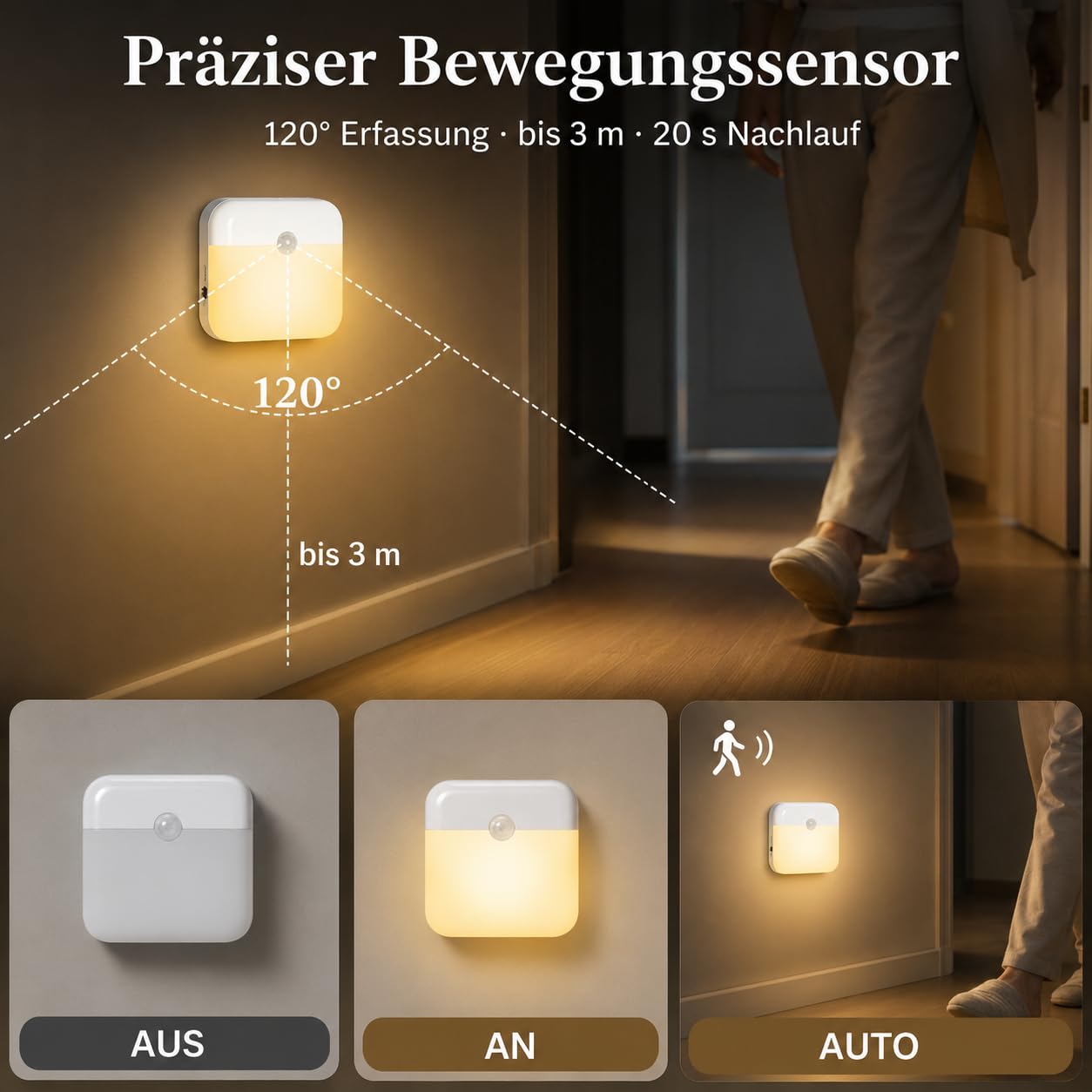 Nachtlicht mit Bewegungsmelder Akku Aufladbar Typ-C Innen, LED Nachtlampe 36 LEDs Treppenlicht mit Dämmerungssensorfür Flur, Schrank, Kinderzimmer, Treppe, 6er Pack, Warmweiß und Weiß (Umschaltbar)