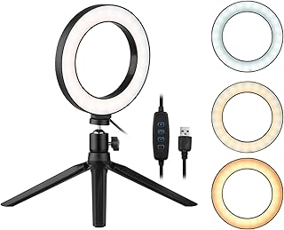 Anillo de luz LED de escritorio de 6 pulgadas, 3200 K-5500 K, regulable, mini lámpara de luz de cámara, 3 modos de luz, 10 niveles de brillo con mini adaptador de cabeza esférica de trípode para