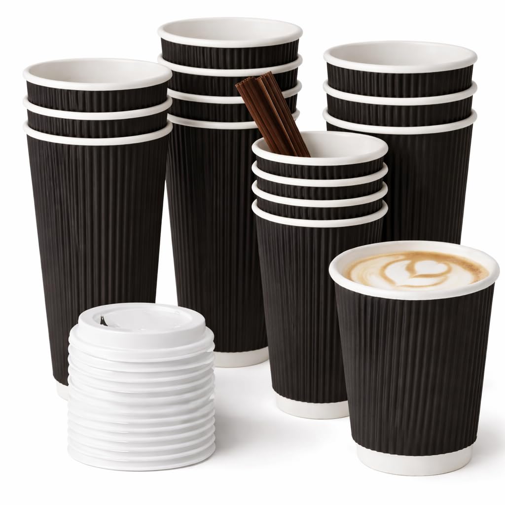 Elite® 12oz Black Ripple Triple Wall Coffee Cups – Black Kraft Insulated Chai & Tea Cups for Hot Drinks – Disposable Takeaway Cups for Café, Office & Events (White Lids, 150)