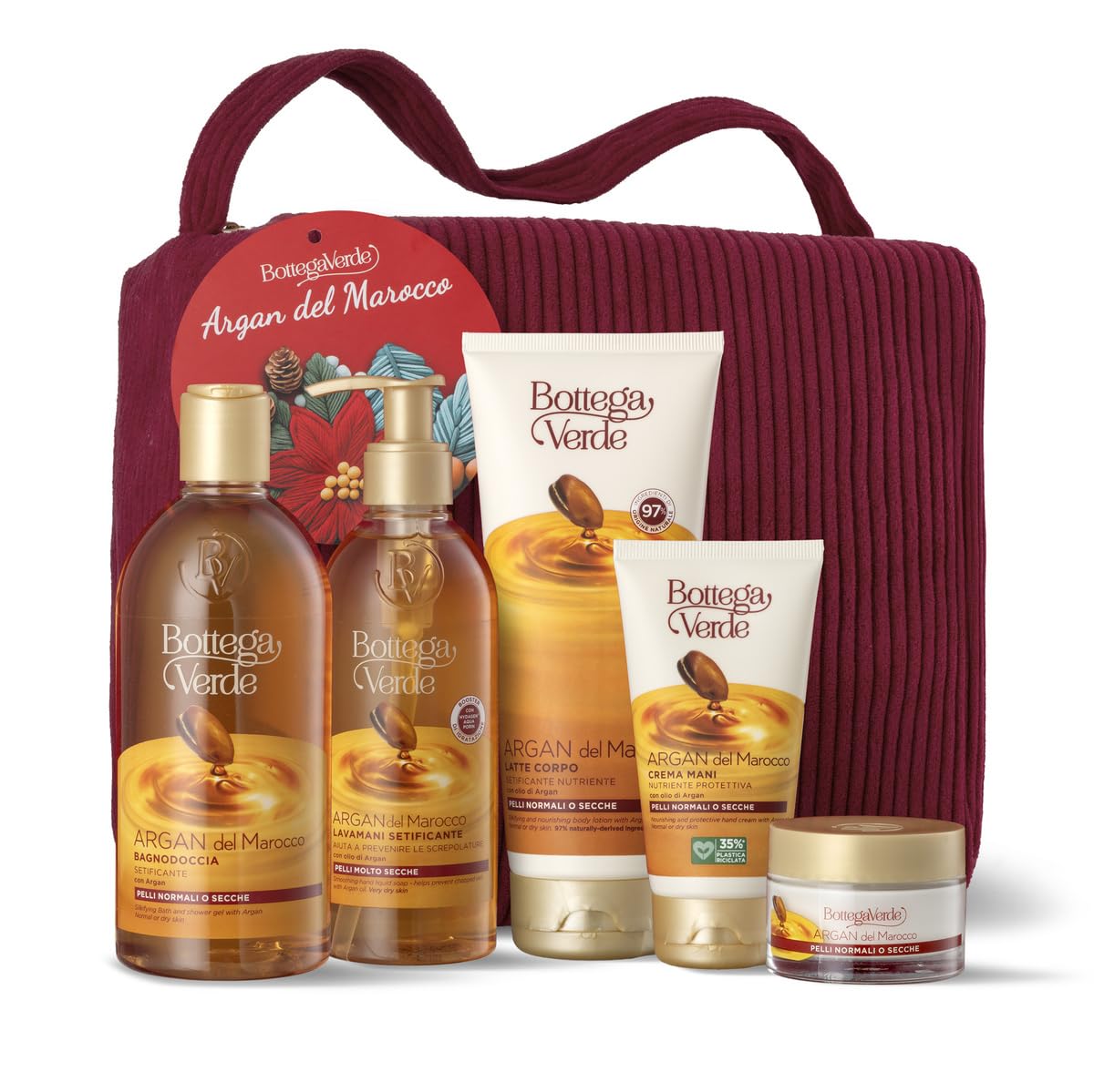 Bottega Verde - Cofanetto Regalo Argan del Marocco con Pochette, Bagnodoccia 400 ml, Crema Mani 75 ml, Latte Corpo 200 ml, Lavamani 250 ml e Crema Viso 50 ml, Idea Regalo