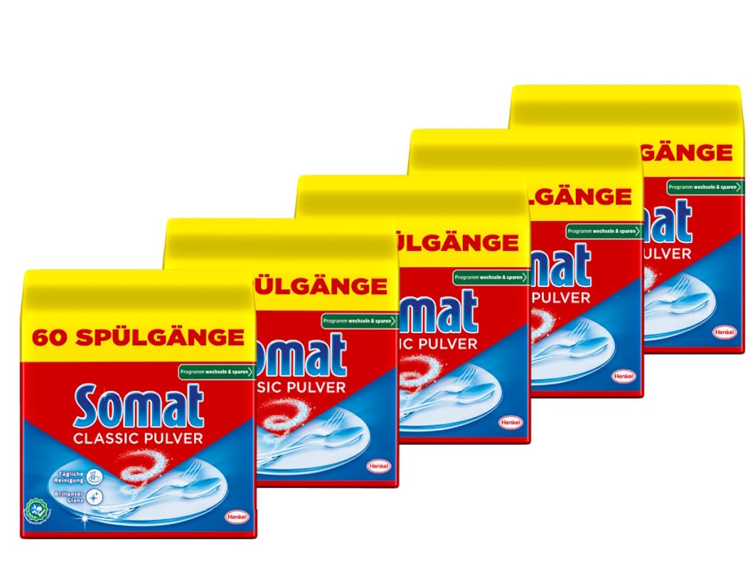 Somat Classic Pulver, Spülmaschinenreiniger für die tägliche Reinigung, entfernt hartnäckigste Flecken bei jeden Spülgang, schonend für die Umwelt, 5x 960g