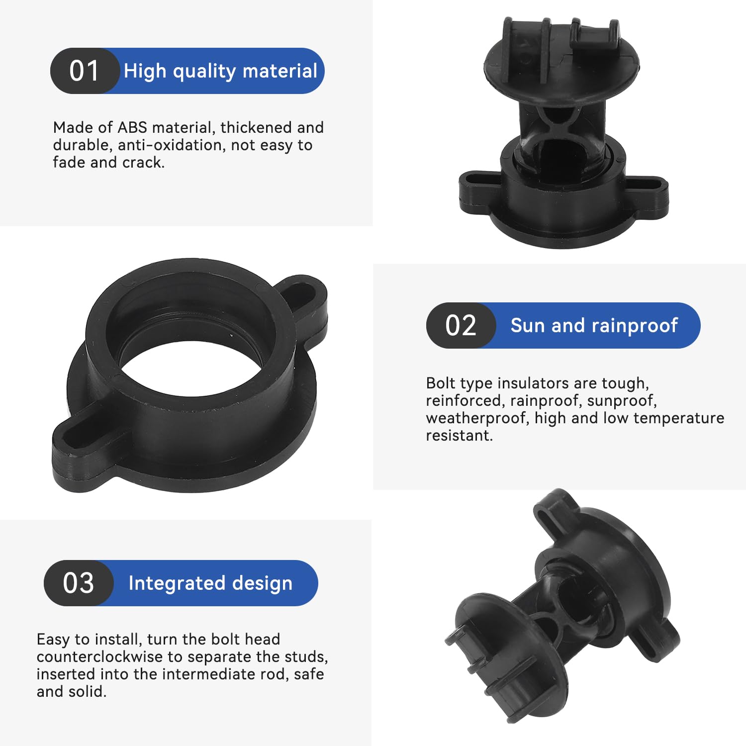 Tissting 100 Piezas Aisladores de Pastor Eléctrico en ABS – Tipo Perno para Cerca de Granja, Compatible con Varilla de 9.5mm, Tamaño 55x48mm (Negro)