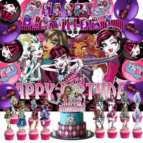 Gothic Monster Girl Birthday Party Decorations 42PCS Spooky Party Supplies with Banner Cake Topper Cupcake Toppers Backdrop & Balloons Spooky Themed Decor for Birthday Halloween & Teen Party